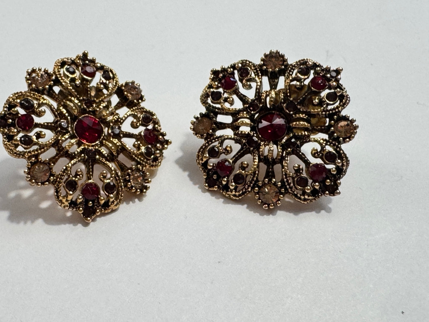 Vintage Style Ruby Red & Champagne Rhinestone Earrings