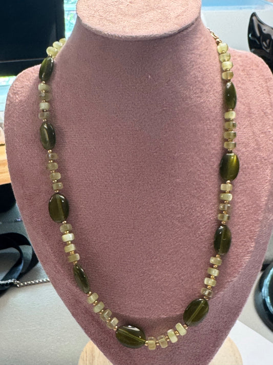 Chaps Green Beaded Necklace | Gold Tone Accents | Classic Earthy Jewelry