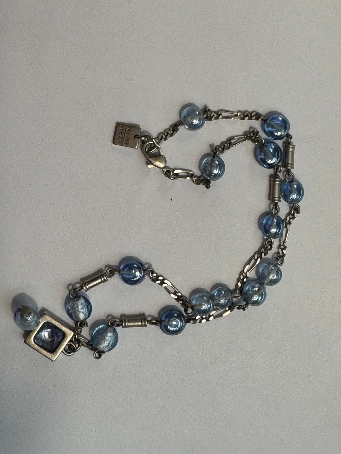Vintage Blue Glass Beaded Necklace with Square Pendant – Romantic Antique Style