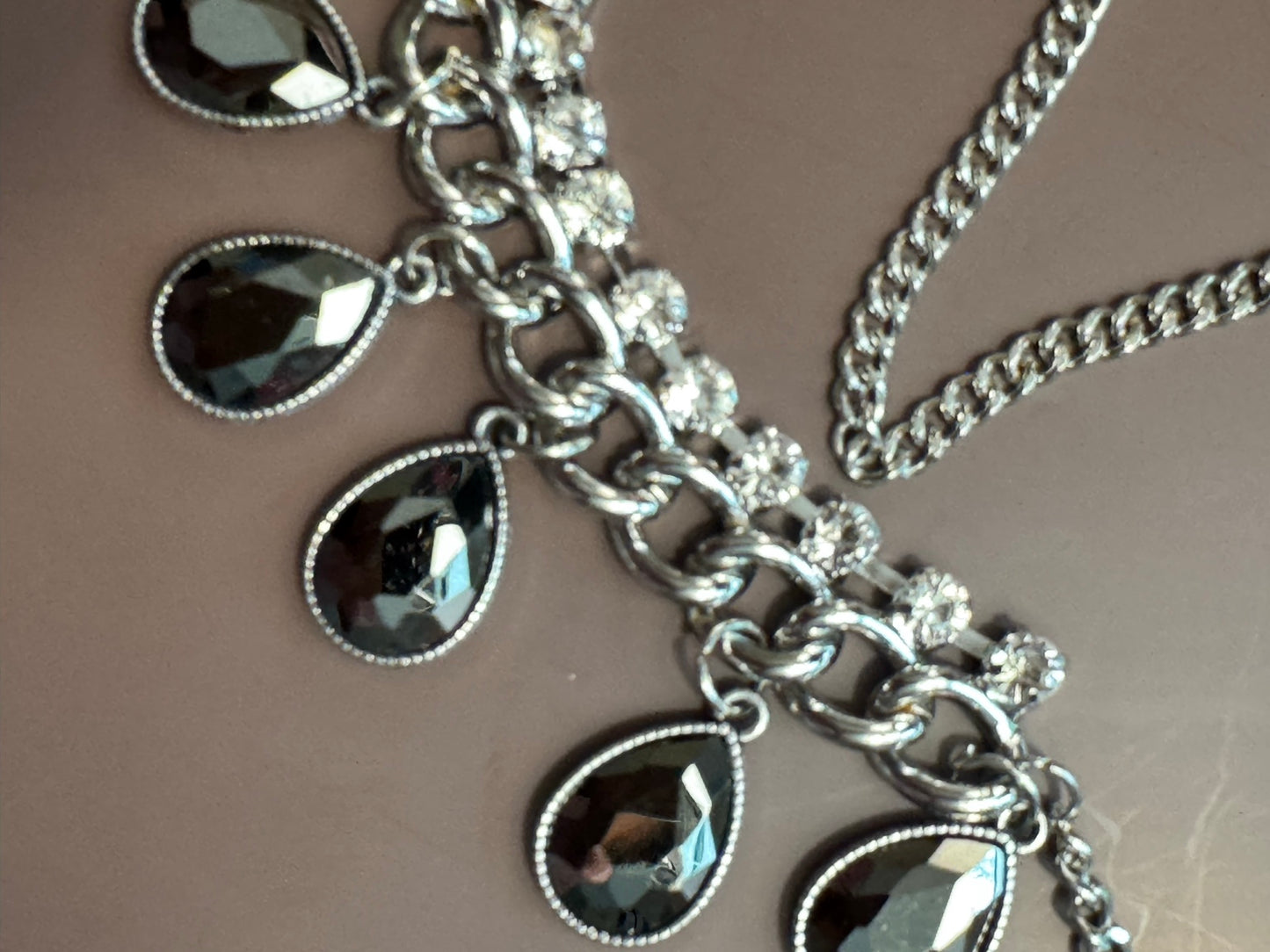 Black Teardrop Statement Necklace – Silver Chain with Rhinestone Detail – Bold Vintage Style Bib Necklace