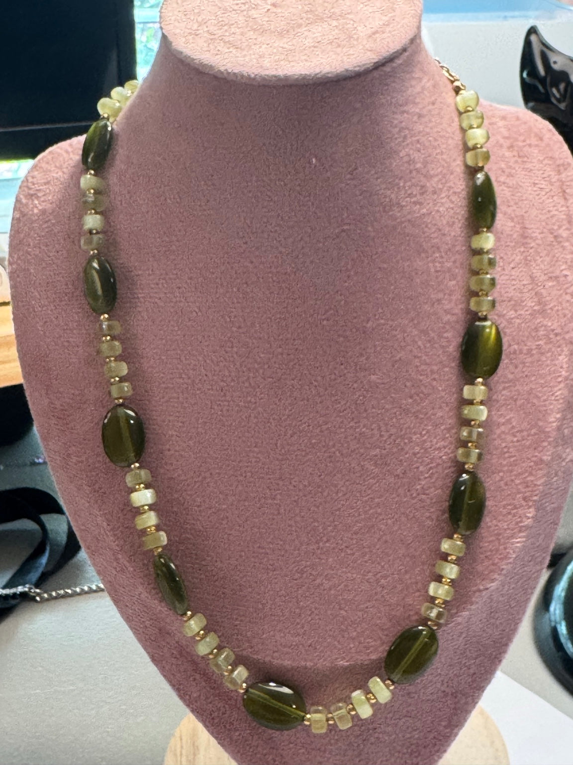 Chaps Green Beaded Necklace | Gold Tone Accents | Classic Earthy Jewelry