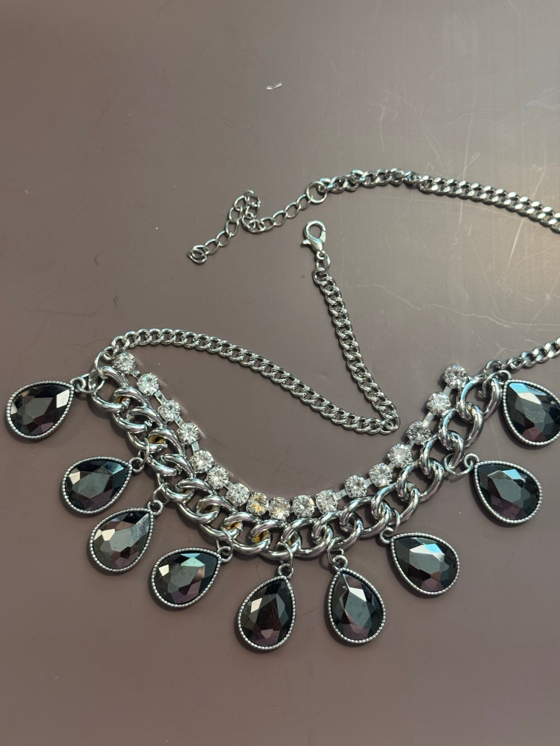 Black Teardrop Statement Necklace – Silver Chain with Rhinestone Detail – Bold Vintage Style Bib Necklace