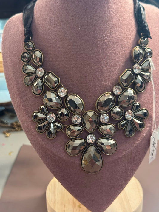 Smoky Crystal Statement Necklace with Satin Ribbon Tie – Bold Floral Bib Necklace