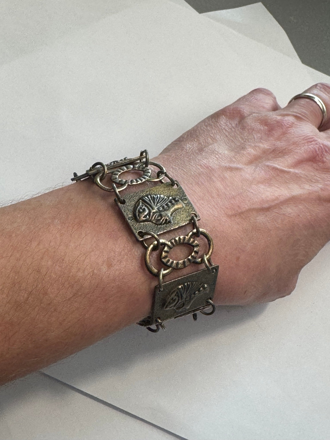 Vintage Style Antique Brass Link Bracelet Embossed Panel Statement Bracelet