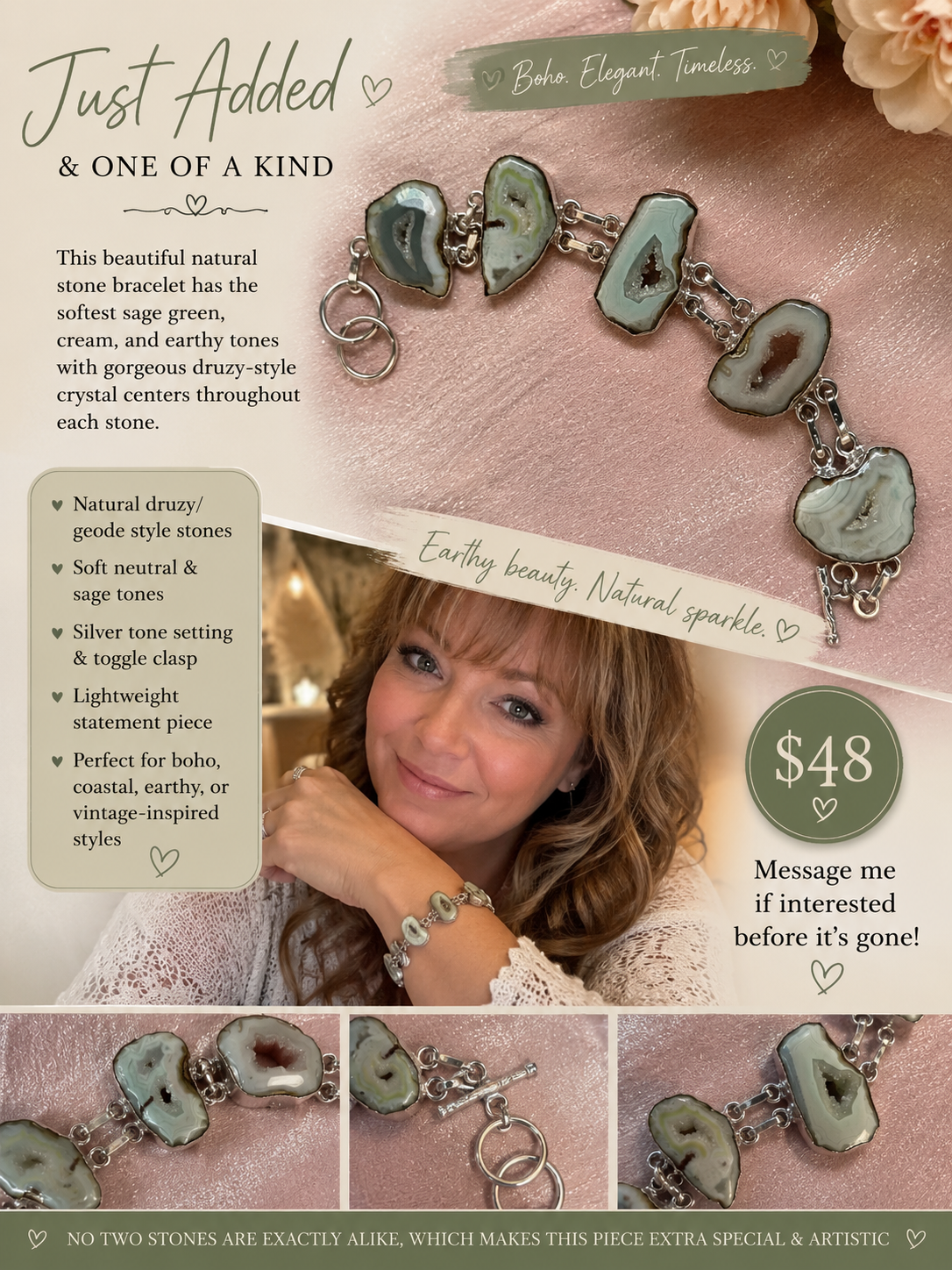 Natural Druzy Stone Bracelet | Sage Green Geode Style Statement Bracelet | Boho Jewelry