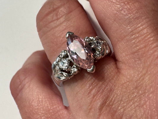Sterling Silver 925 Pink Marquise Cut Statement Ring with Clear Accent Stones