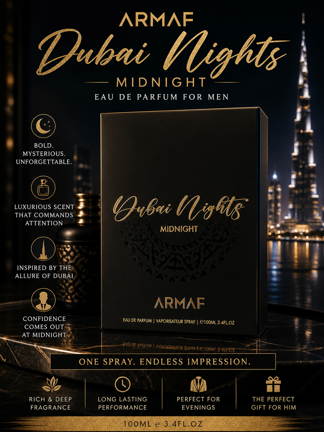 Armaf Dubai Nights Midnight Eau de Parfum 100ml – Men’s Luxury Cologne – New Sealed