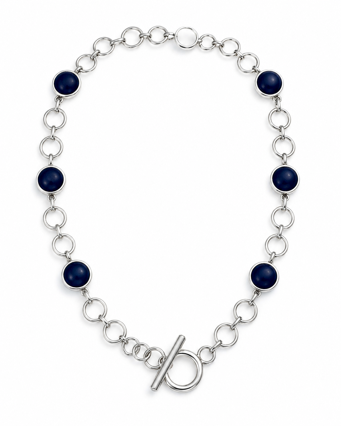 Vintage Silver Tone Link Necklace with Navy Blue Cabochon Stones