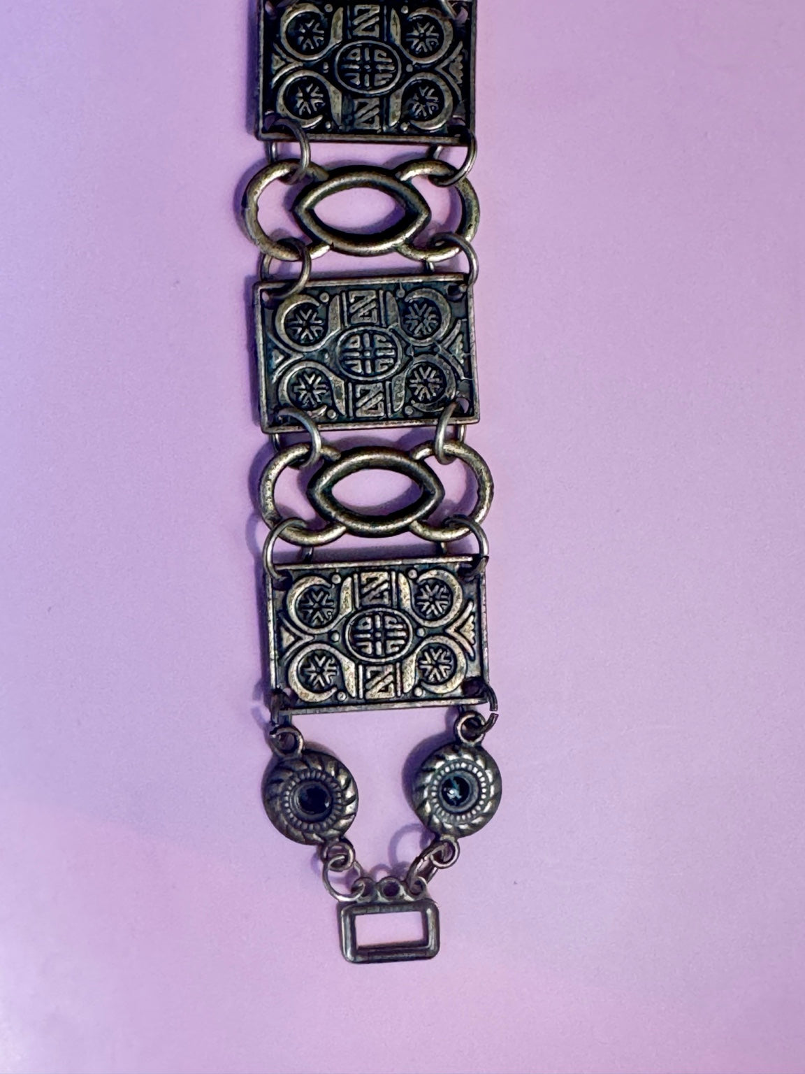 Vintage Style Antique Brass Link Bracelet Embossed Panel Statement Bracelet