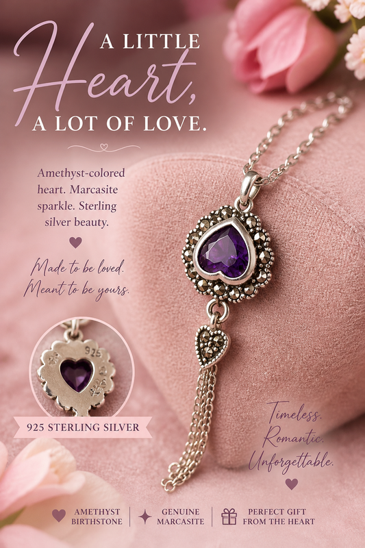 Sterling Silver Amethyst Heart Necklace with Marcasite – Vintage Inspired Romantic Pendant