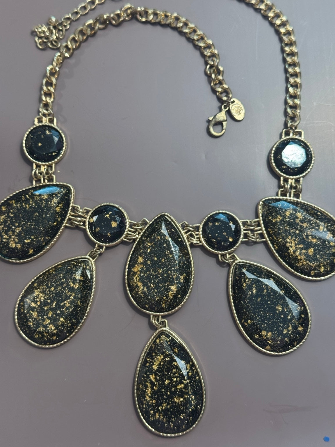 Black Goldstone Statement Necklace – Bold Vintage Style, Gold Fleck Teardrop Bib Necklace, Adjustable Chain