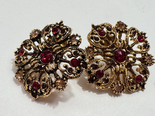 Vintage Style Ruby Red & Champagne Rhinestone Earrings
