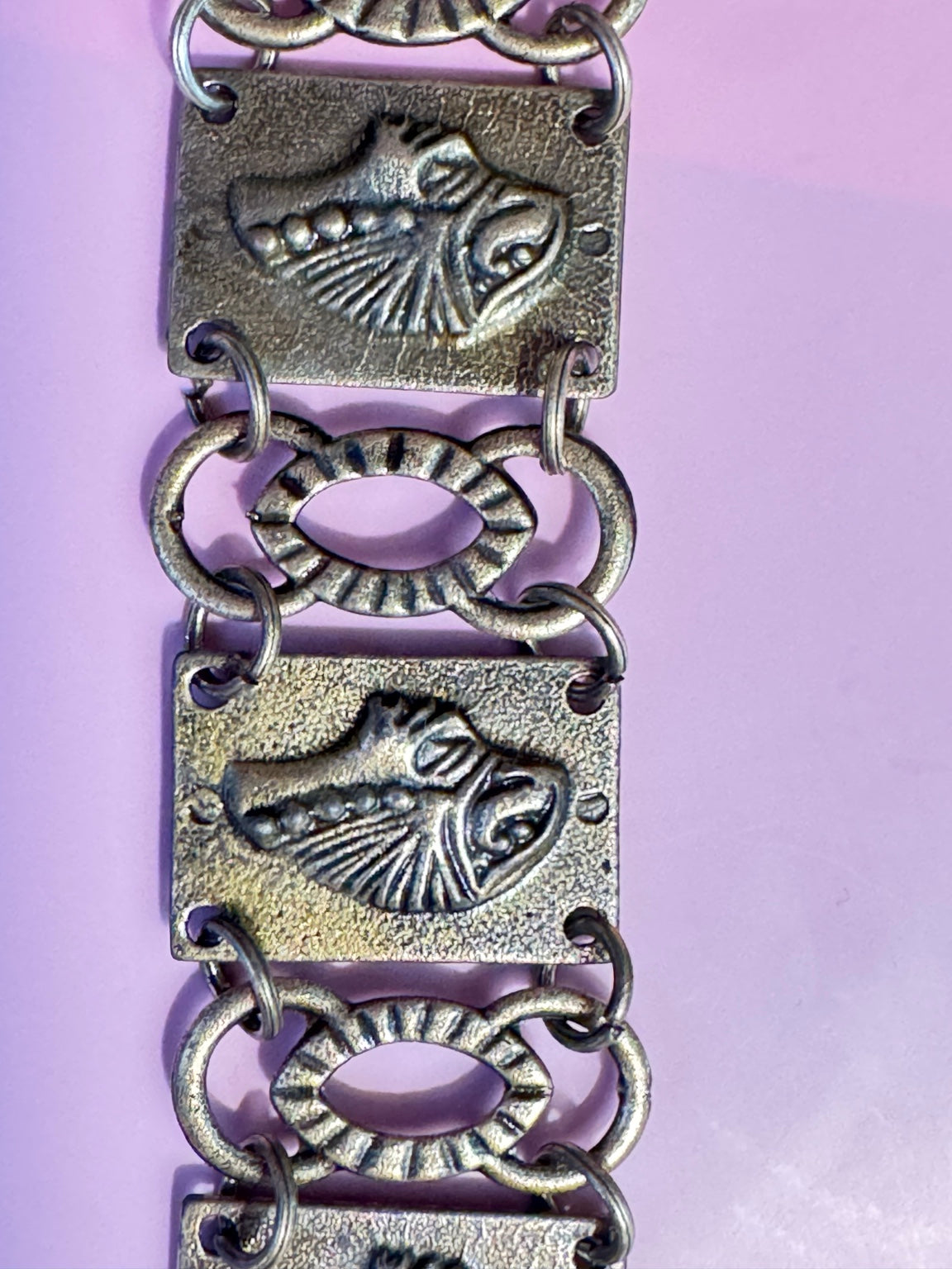 Vintage Style Antique Brass Link Bracelet Embossed Panel Statement Bracelet