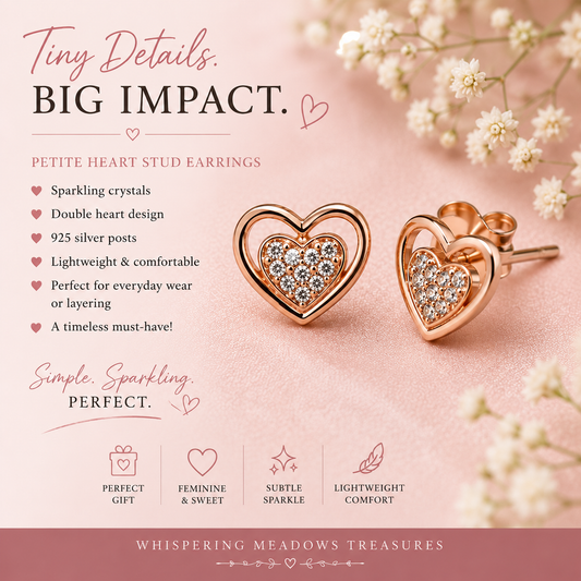 Rose Gold Double Heart Crystal Earrings | 925 Silver Post Stud Earrings