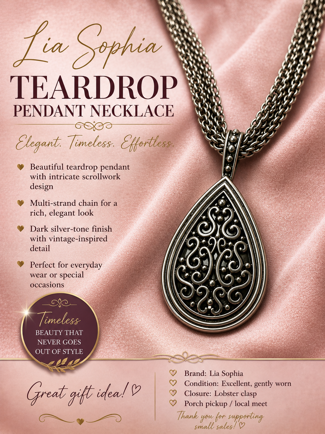 Lia Sophia Silver Tone Teardrop Pendant Necklace | Elegant Statement Chain
