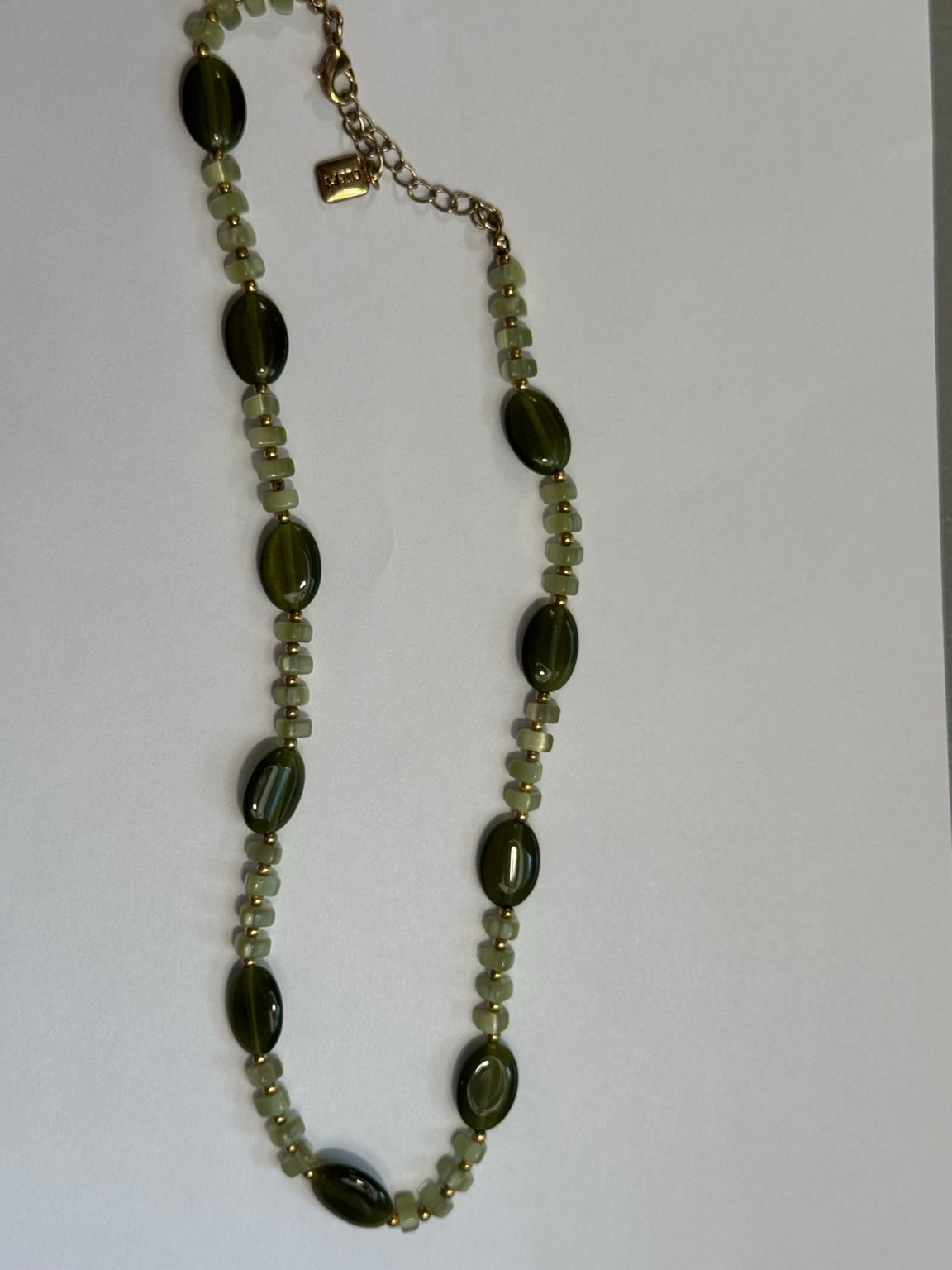 Chaps Green Beaded Necklace | Gold Tone Accents | Classic Earthy Jewelry