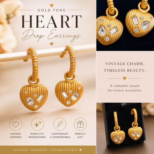 heart necklace, gold jewelry set, heart earrings, romantic jewelry, womens jewelry, gift for her, vintage style, gold pendant, dainty jewelry
