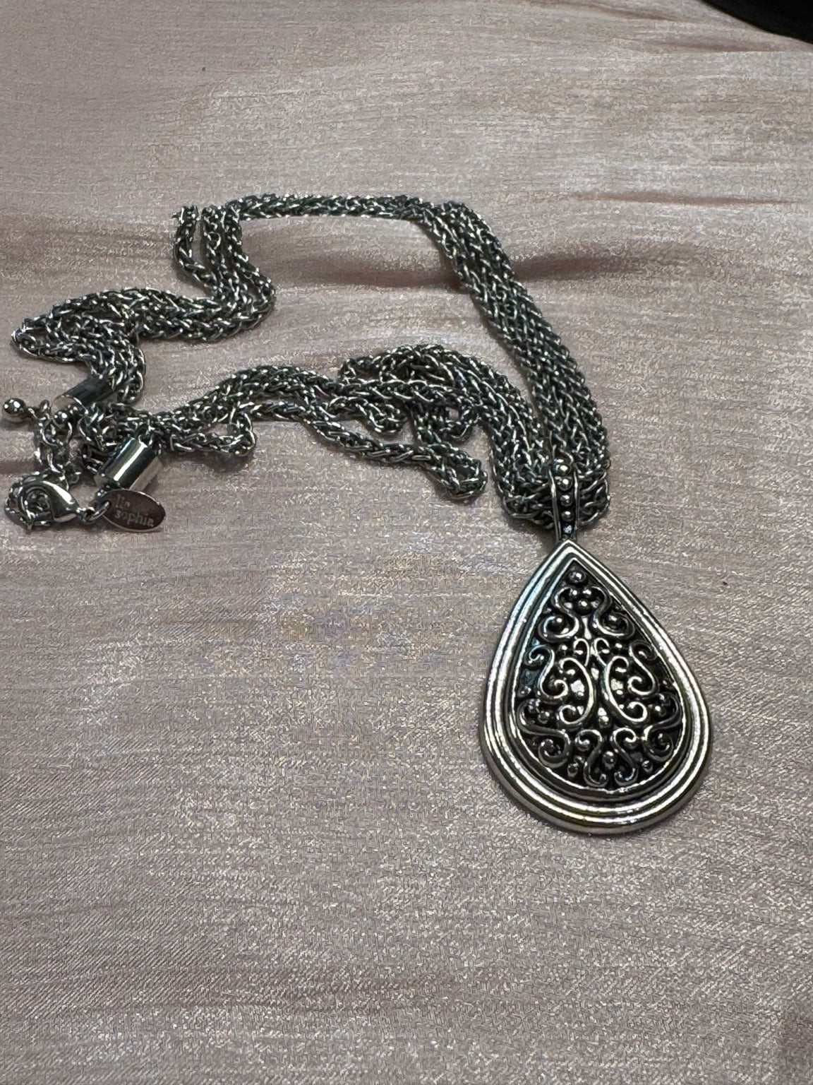 Lia Sophia Silver Tone Teardrop Pendant Necklace | Elegant Statement Chain