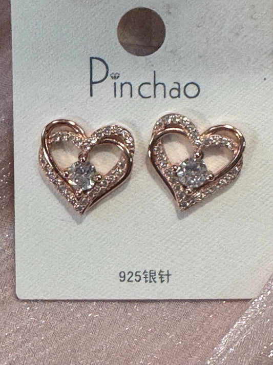 Rose Gold Double Heart Crystal Earrings | 925 Silver Post Stud Earrings