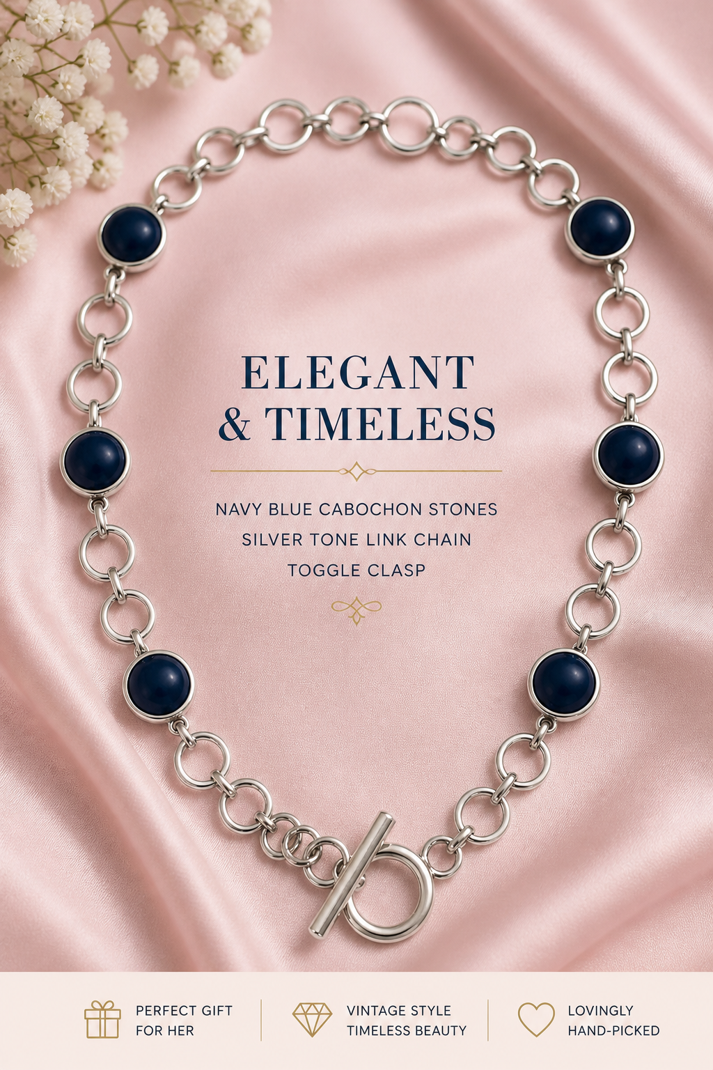 Vintage Silver Tone Link Necklace with Navy Blue Cabochon Stones
