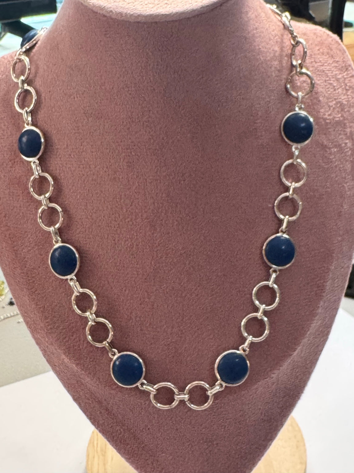 Vintage Silver Tone Link Necklace with Navy Blue Cabochon Stones