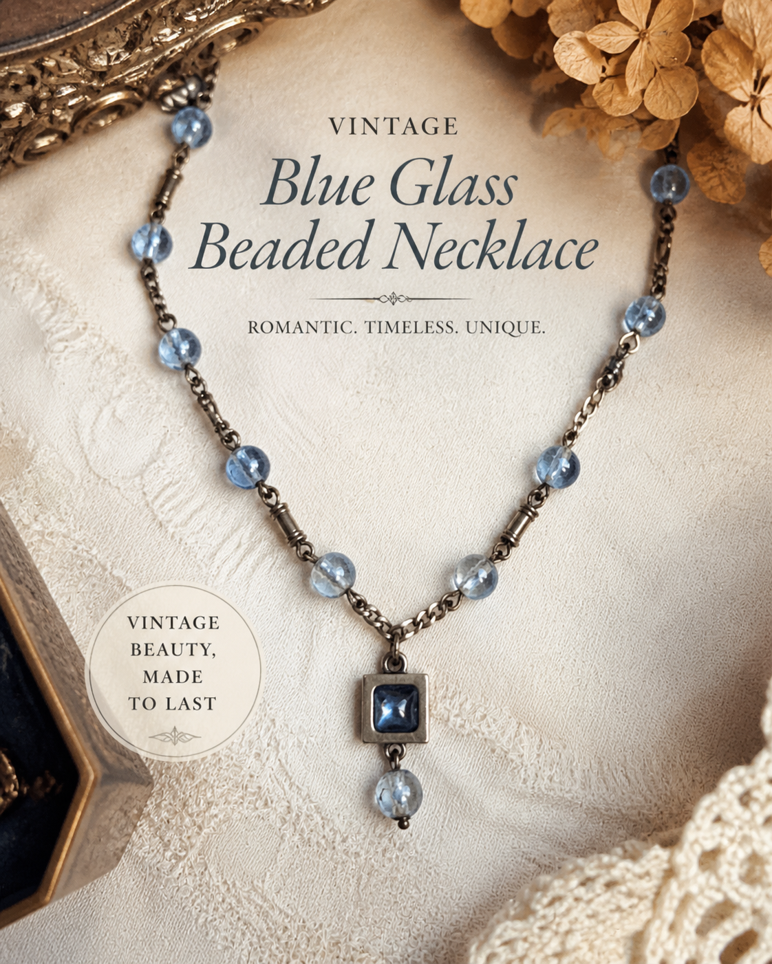 Vintage Blue Glass Beaded Necklace with Square Pendant – Romantic Antique Style