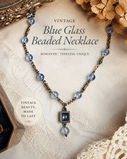 Vintage Blue Glass Beaded Necklace with Square Pendant – Romantic Antique Style