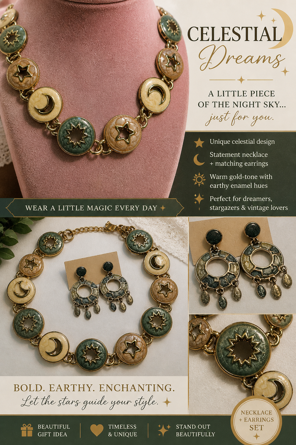 Celestial Dreams Jewelry Set – Moon, Star & Sun Statement Necklace + Earrings