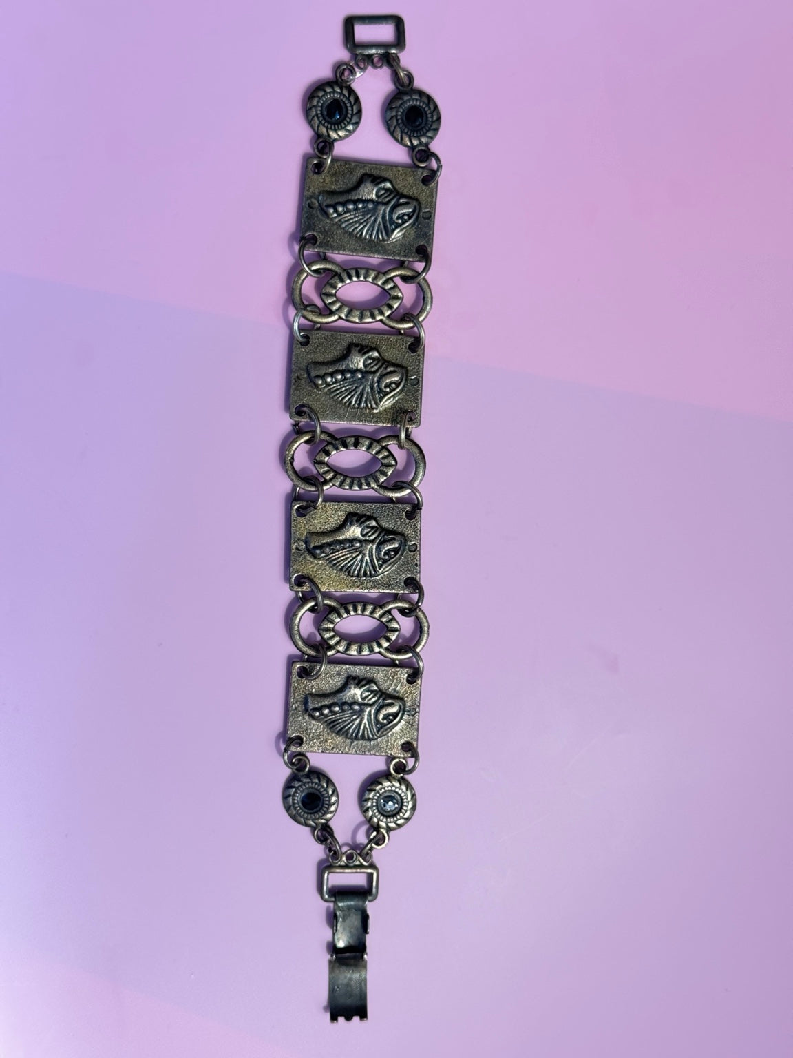Vintage Style Antique Brass Link Bracelet Embossed Panel Statement Bracelet