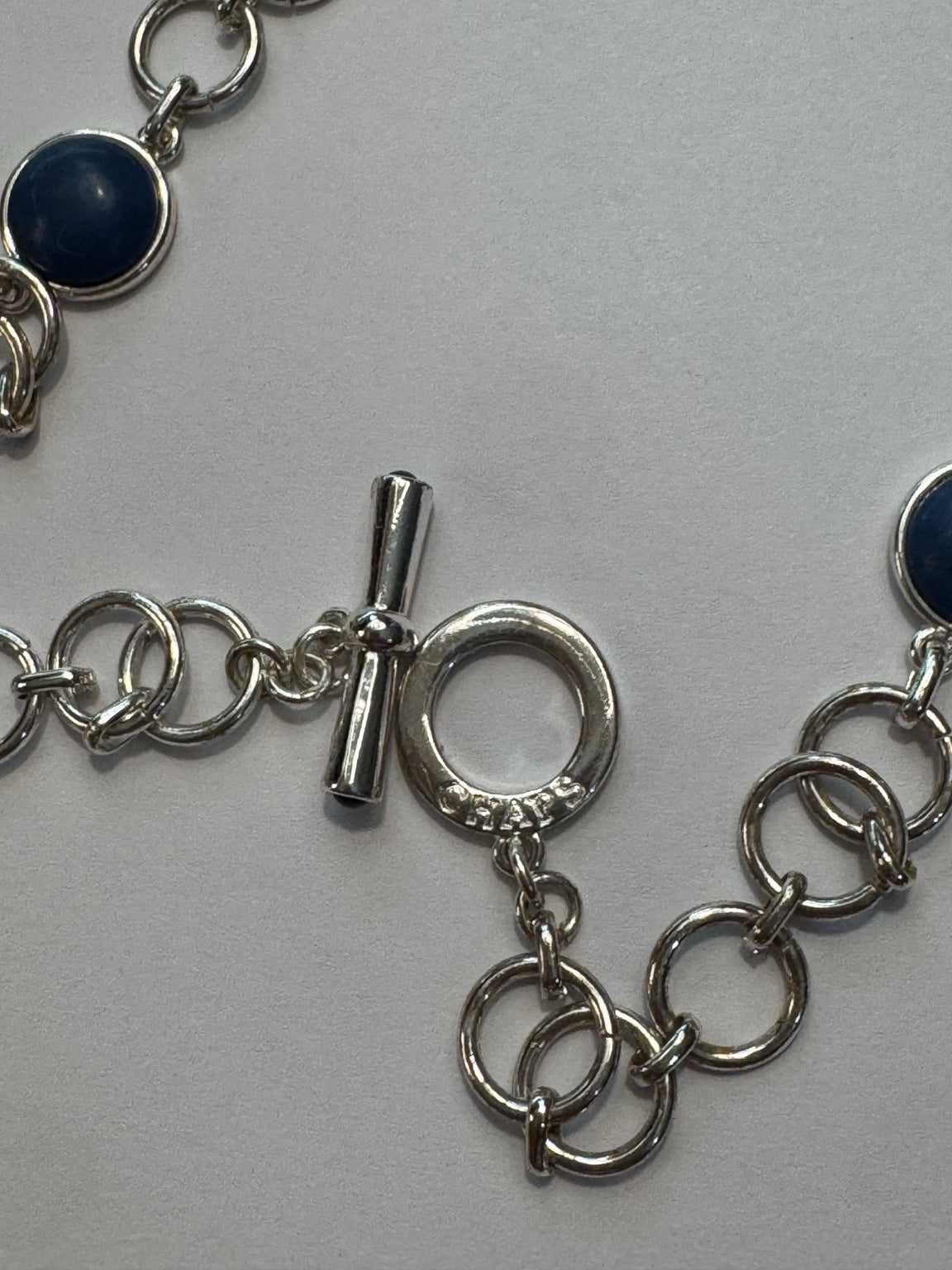 Vintage Silver Tone Link Necklace with Navy Blue Cabochon Stones