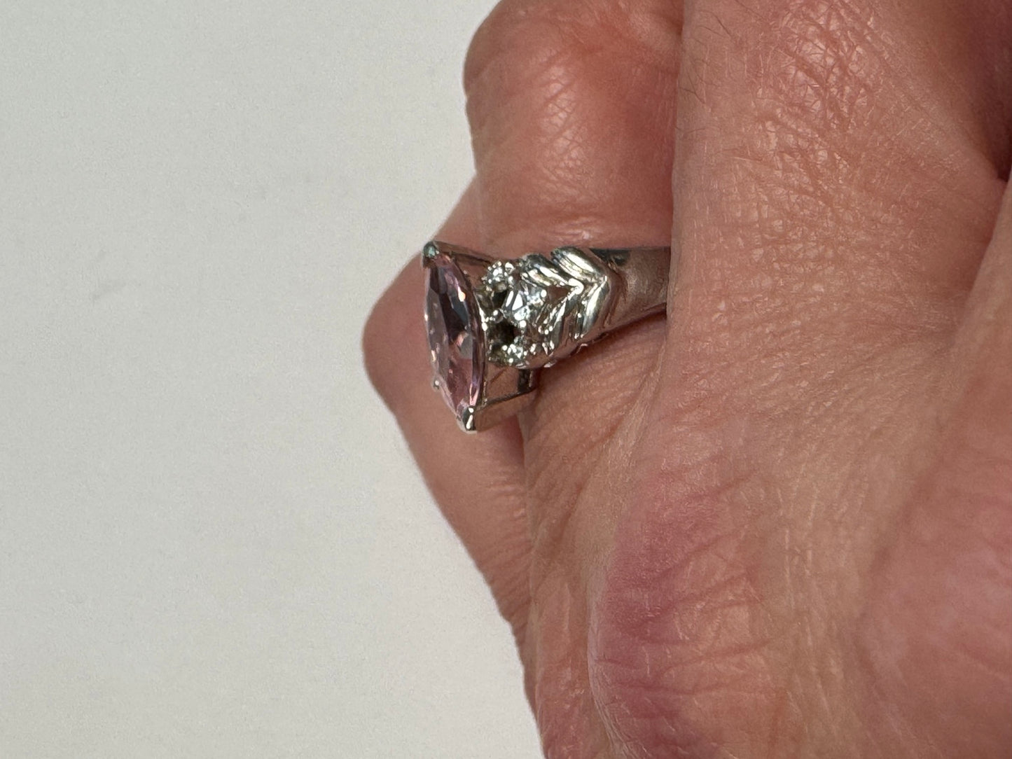 Sterling Silver 925 Pink Marquise Cut Statement Ring with Clear Accent Stones