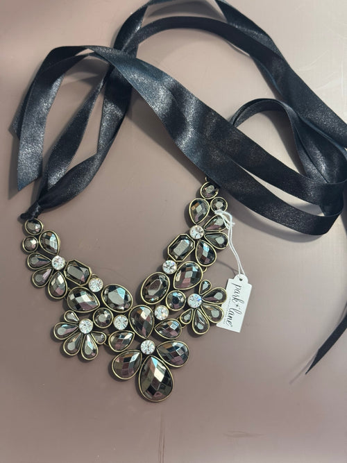 Smoky Crystal Statement Necklace with Satin Ribbon Tie – Bold Floral Bib Necklace