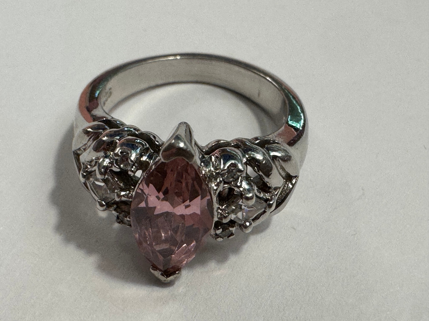 Sterling Silver 925 Pink Marquise Cut Statement Ring with Clear Accent Stones