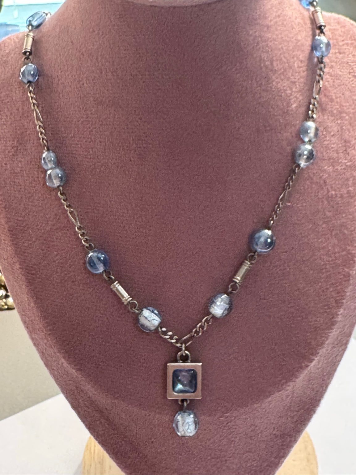 Vintage Blue Glass Beaded Necklace with Square Pendant – Romantic Antique Style