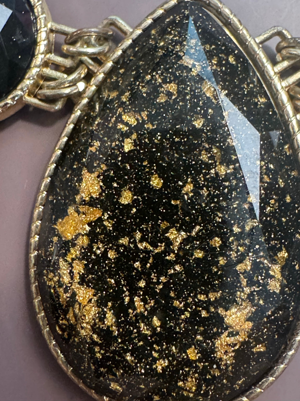 Black Goldstone Statement Necklace – Bold Vintage Style, Gold Fleck Teardrop Bib Necklace, Adjustable Chain