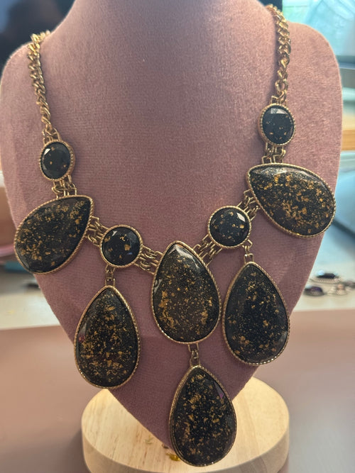 Black Goldstone Statement Necklace – Bold Vintage Style, Gold Fleck Teardrop Bib Necklace, Adjustable Chain