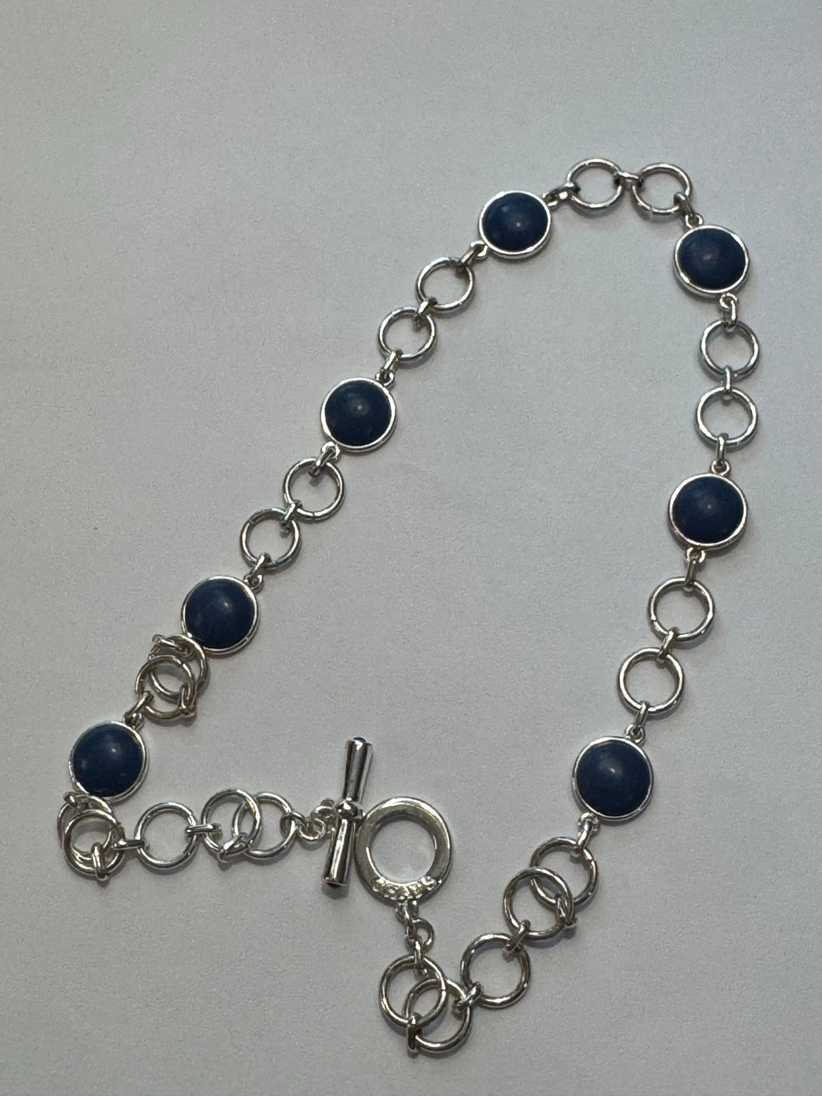 Vintage Silver Tone Link Necklace with Navy Blue Cabochon Stones