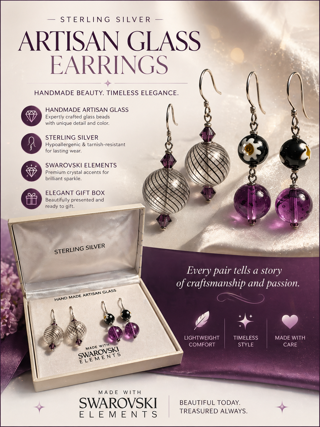 ✨ Sterling Silver Artisan Glass Earrings