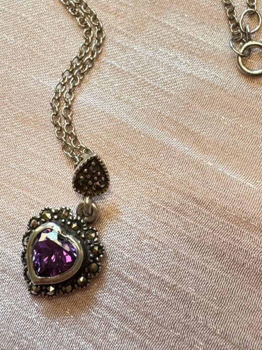 Sterling Silver Amethyst Heart Necklace with Marcasite – Vintage Inspired Romantic Pendant