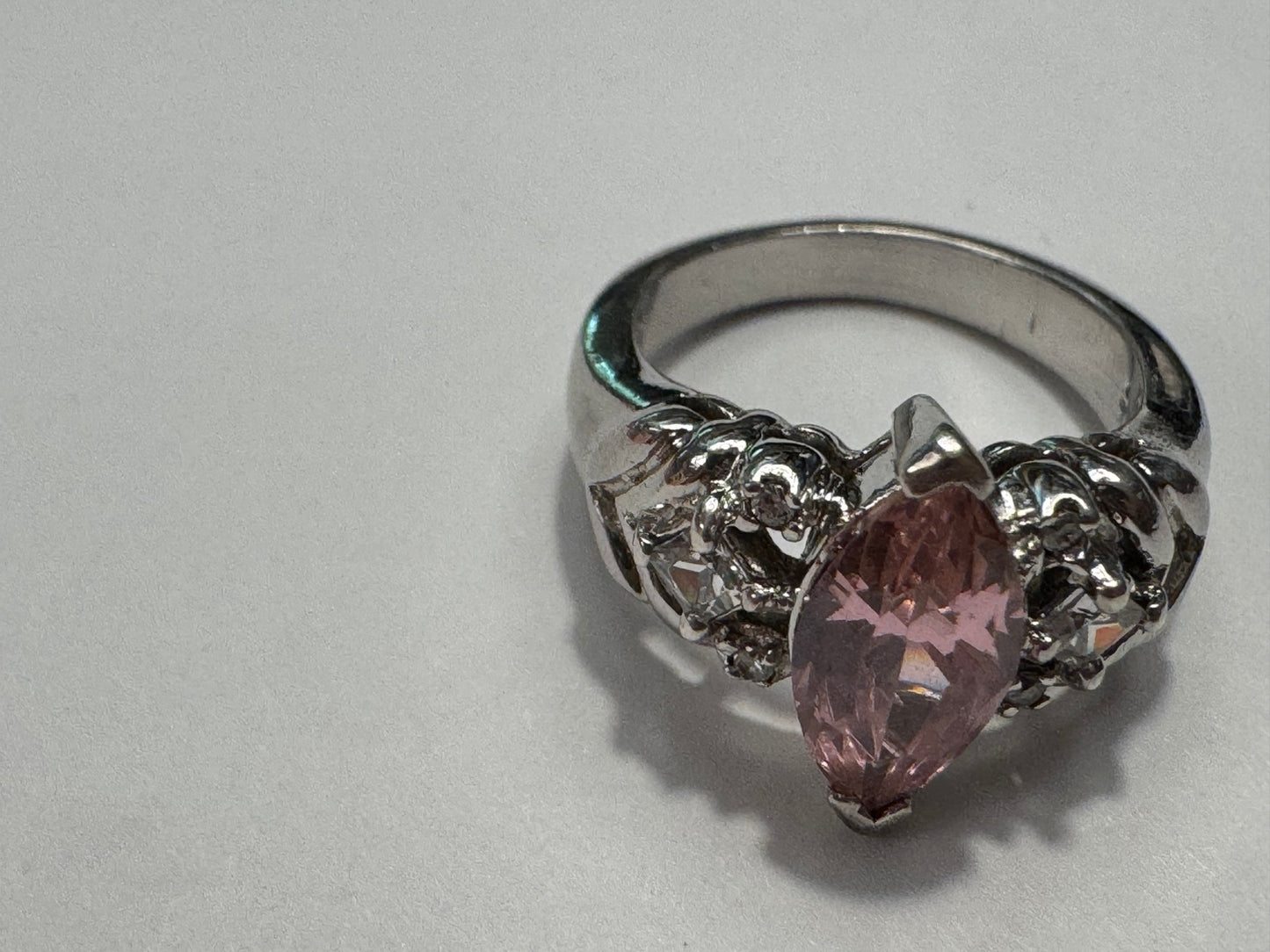 Sterling Silver 925 Pink Marquise Cut Statement Ring with Clear Accent Stones