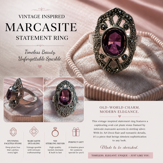 Vintage-Inspired Marcasite Statement Ring – Sterling Silver Plum Stone