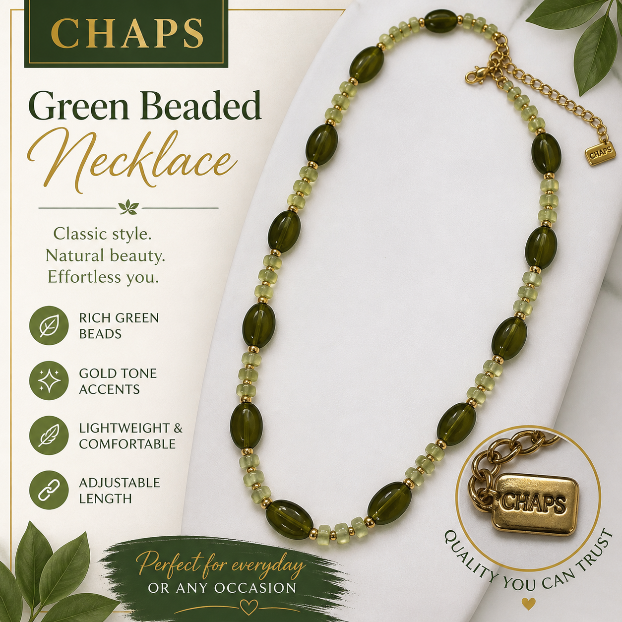 Chaps Green Beaded Necklace | Gold Tone Accents | Classic Earthy Jewelry