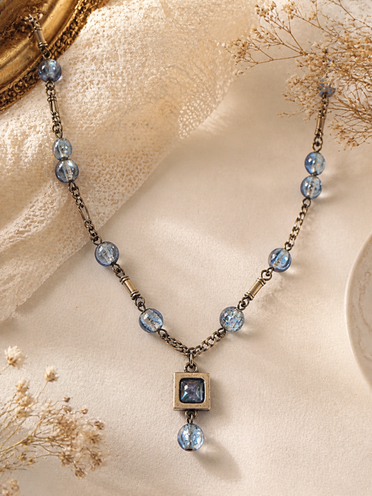Vintage Blue Glass Beaded Necklace with Square Pendant – Romantic Antique Style