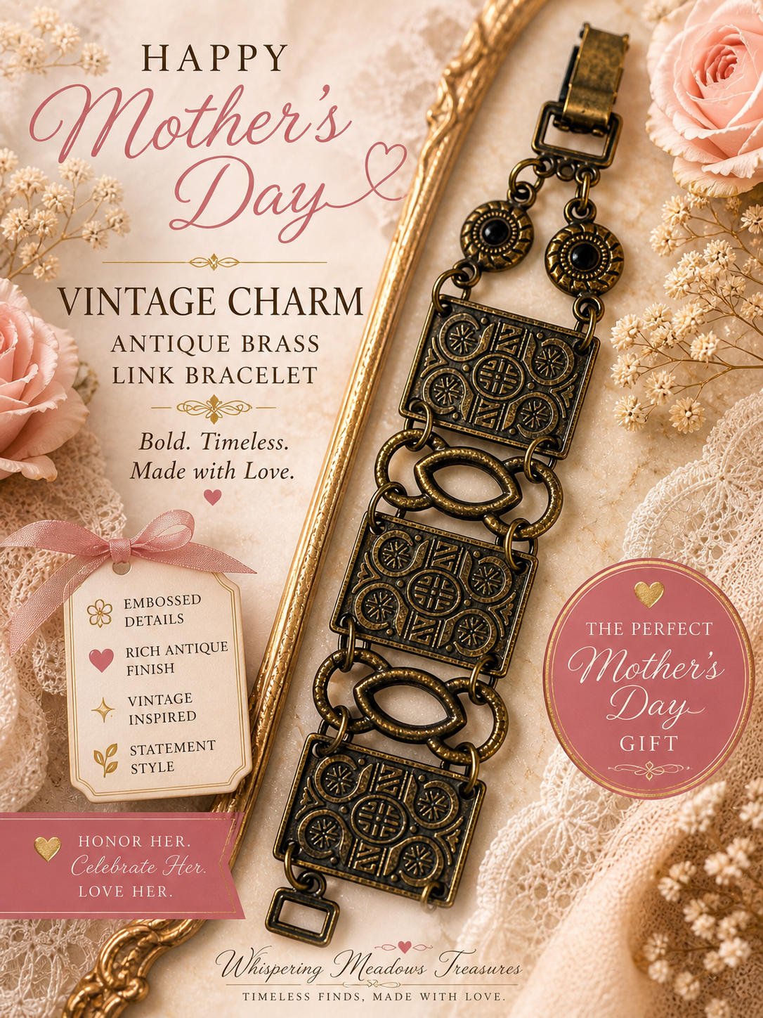 Vintage Style Antique Brass Link Bracelet Embossed Panel Statement Bracelet