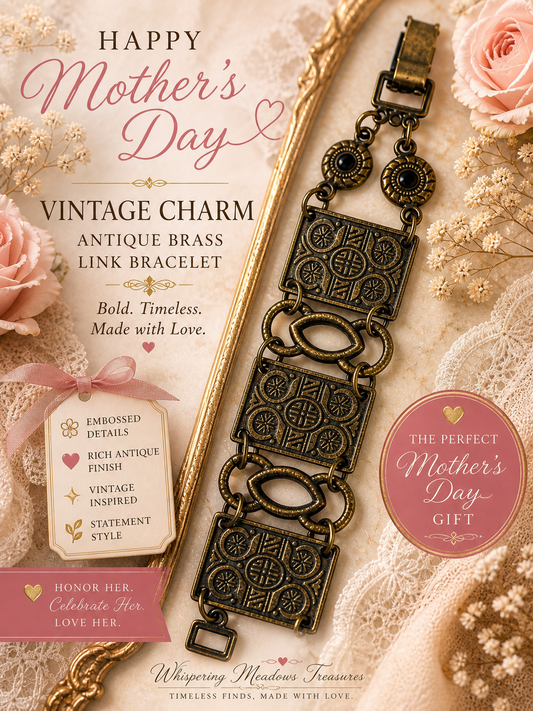 Vintage Style Antique Brass Link Bracelet Embossed Panel Statement Bracelet