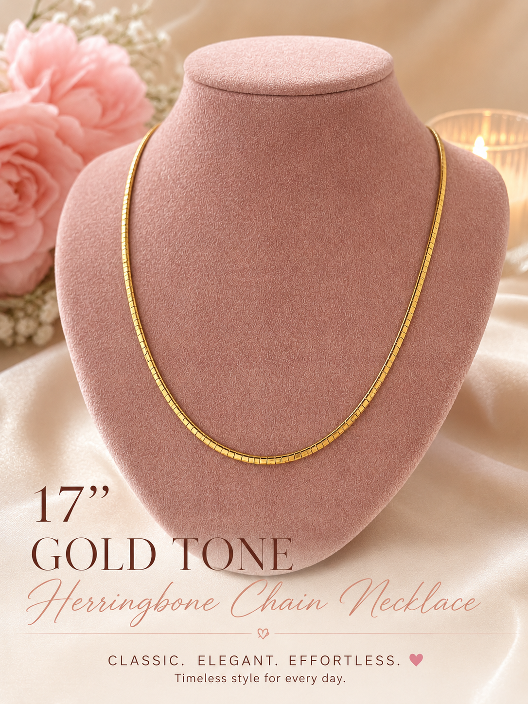 17” Gold Tone Herringbone Chain Necklace – Classic Minimalist Jewelry