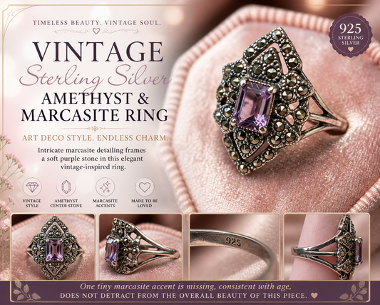 Vintage Sterling Silver Amethyst & Marcasite Ring – Art Deco Style, Size 7