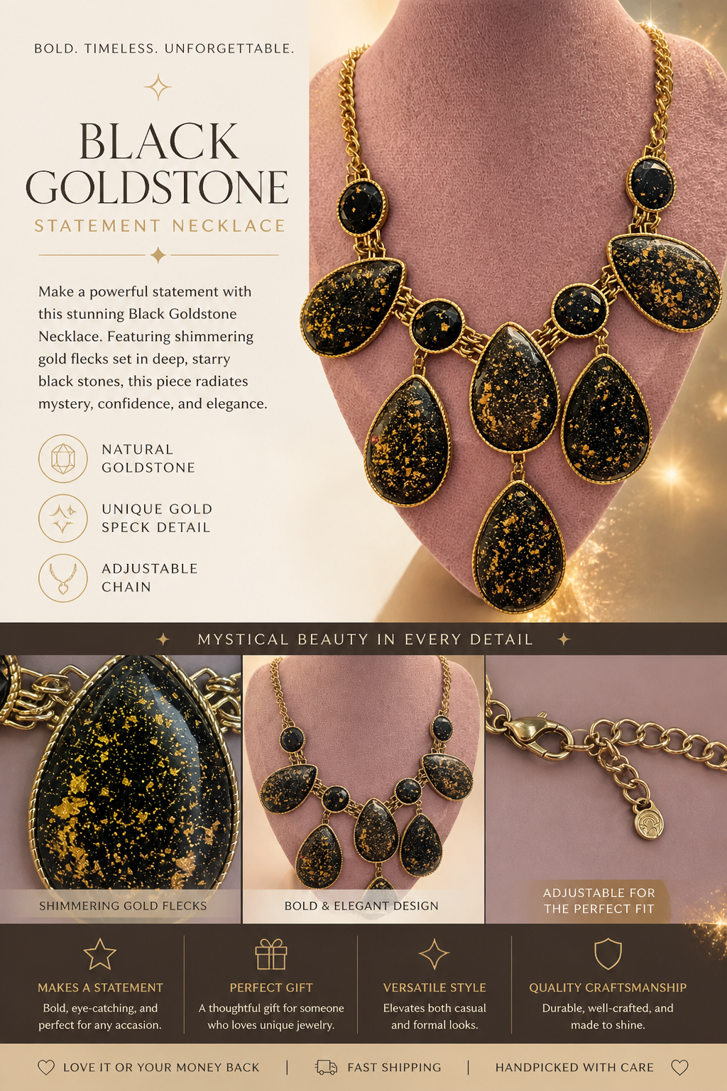 Black Goldstone Statement Necklace – Bold Vintage Style, Gold Fleck Teardrop Bib Necklace, Adjustable Chain